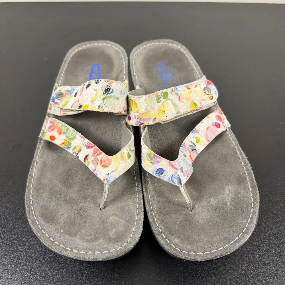 Wolky Sandals Womens 9/40 Multicolor Floral Leather Wedge Slide Thongs Casual